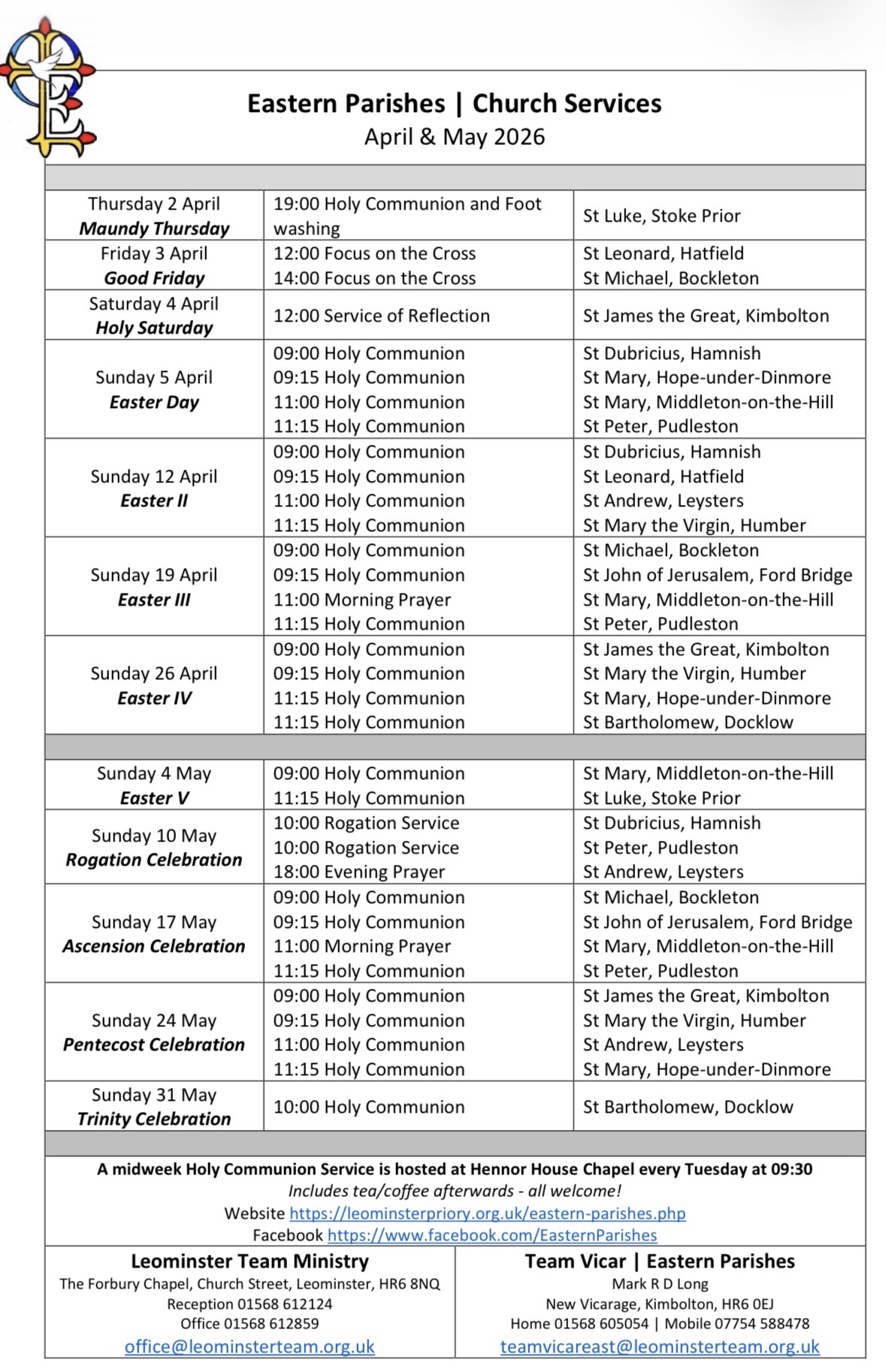 Eastern Parishes services April-May 2026